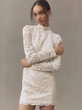 bhldn pearl-embellished long-sleeve drop-waist mini dress Bhldn Pearl Embellished Long Sleeve Drop Waist Mini Dress